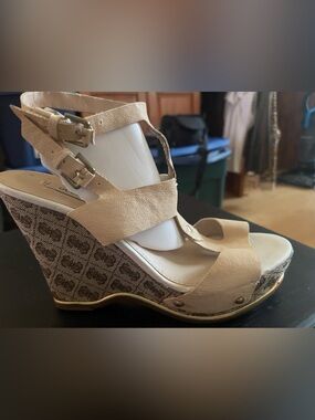 Guess Beige Monogram Logo Leather Wedge Sandals with Gold Trim